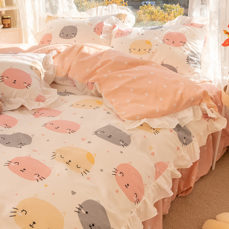 KTX-434003 Korean Style 100% Cotton Four-Piece Bed Skirt Set with Floral and Animal Patterns