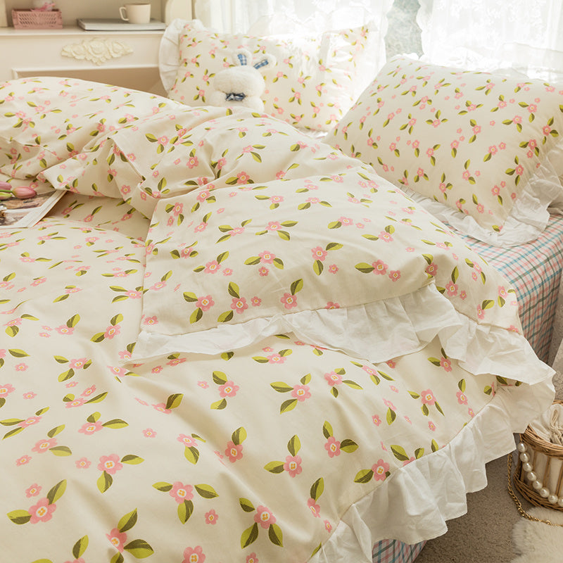 KTX-434003 Korean Style 100% Cotton Four-Piece Bed Skirt Set with Floral and Animal Patterns