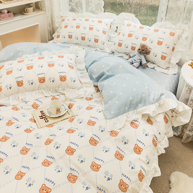 KTX-434003 Korean Style 100% Cotton Four-Piece Bed Skirt Set with Floral and Animal Patterns