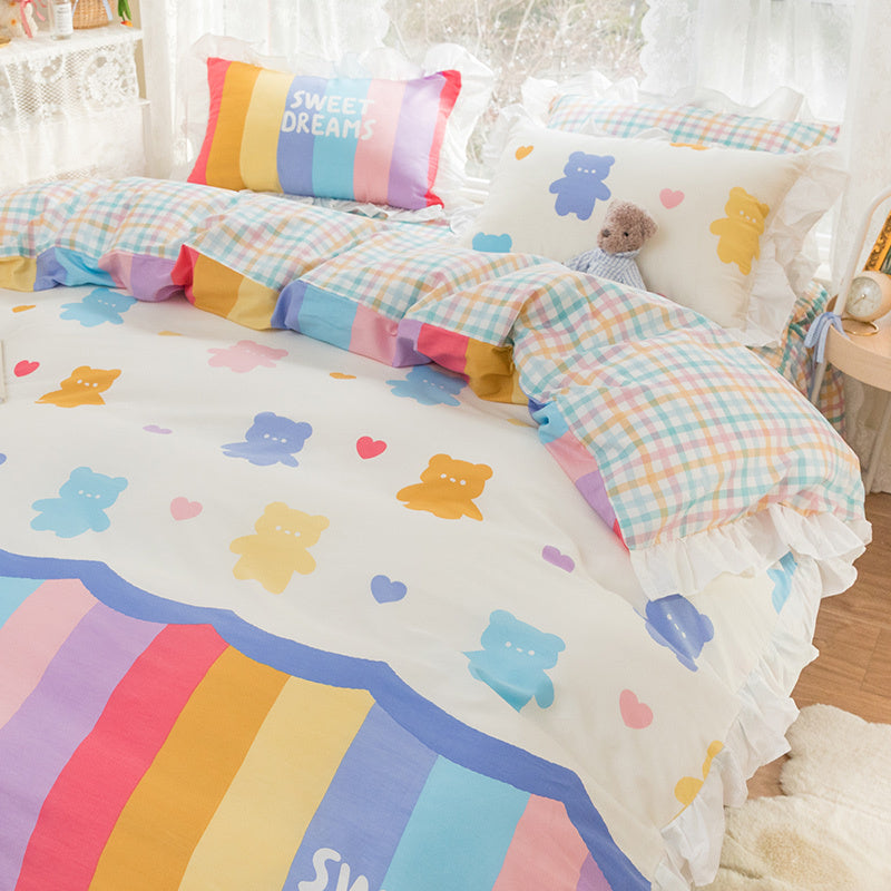 KTX-434003 Korean Style 100% Cotton Four-Piece Bed Skirt Set with Floral and Animal Patterns