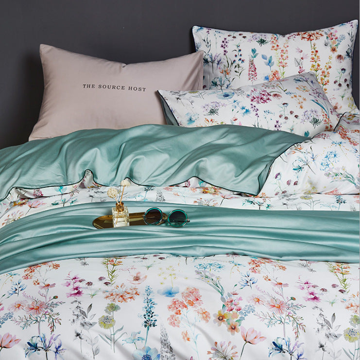 KTX-435155 Cotton Satin Four-Piece Bedding Set for Full Beds – Includes Duvet Cover, Bed Sheet, and Pillowcases