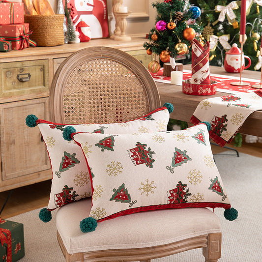 KTX-436947 Yarn-Dyed Jacquard Christmas Tree Pillow Cover with Elk and Snowflake Design, 30x50cm