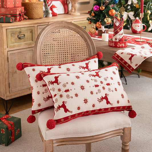 KTX-436947 Yarn-Dyed Jacquard Christmas Tree Pillow Cover with Elk and Snowflake Design, 30x50cm
