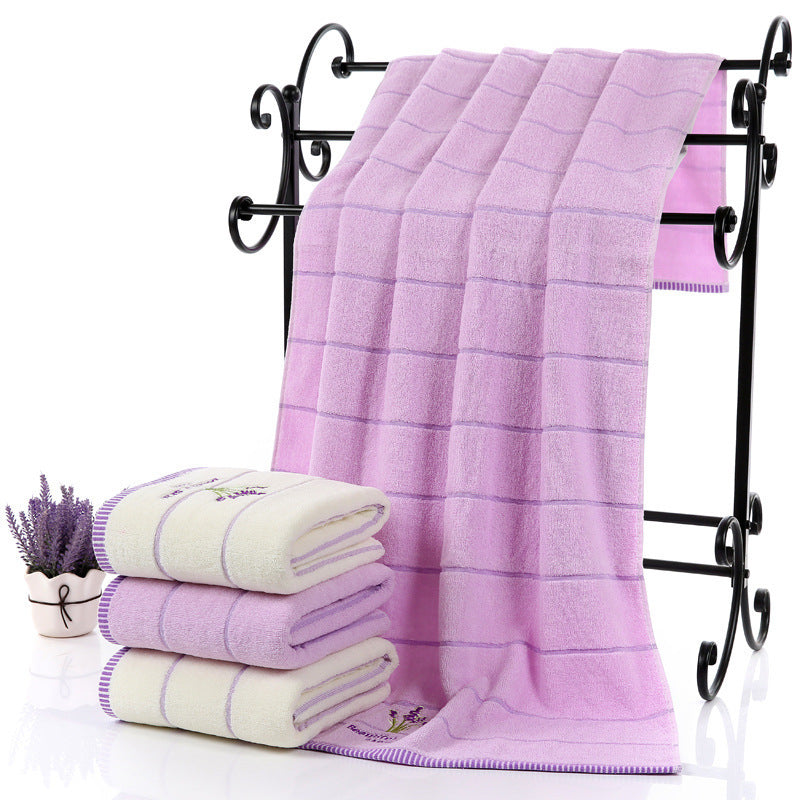 KTX-437715 Lavender Striped Cotton Bath Towel - Soft, Absorbent, and Environmentally Friendly