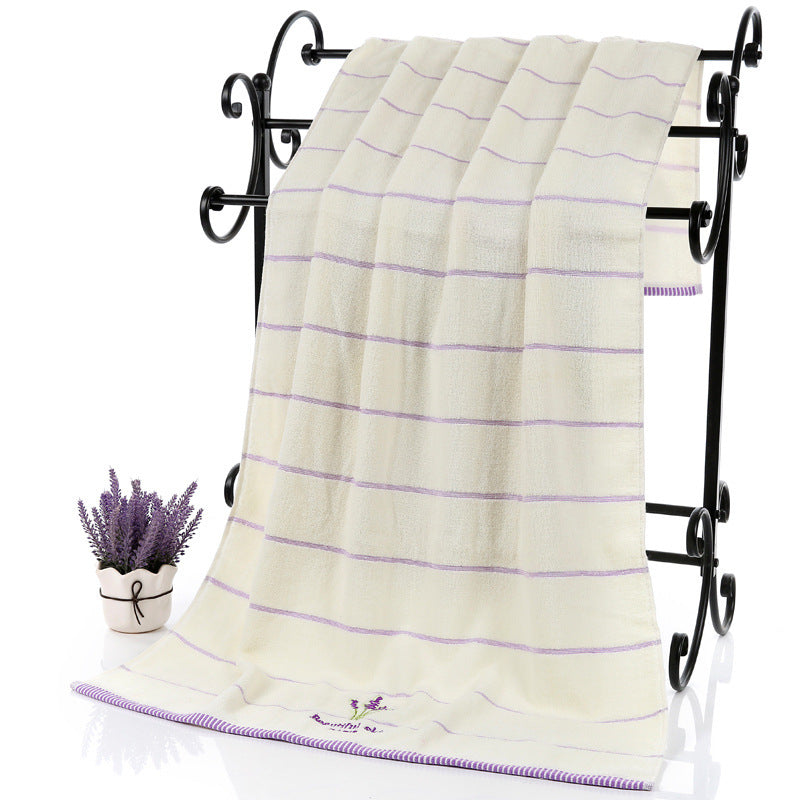 KTX-437715 Lavender Striped Cotton Bath Towel - Soft, Absorbent, and Environmentally Friendly