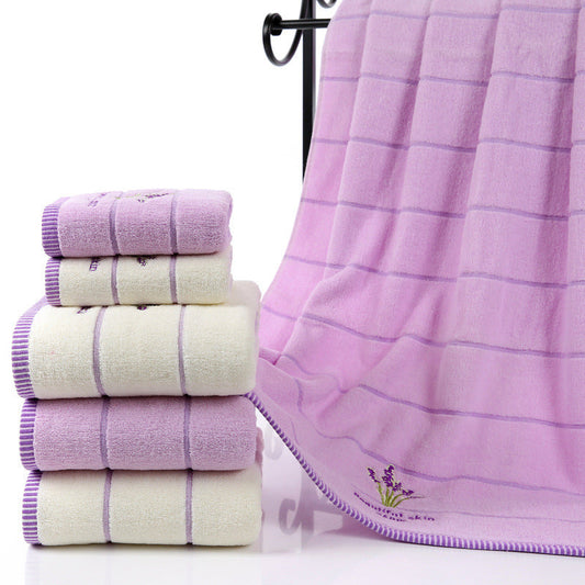 KTX-437715 Lavender Striped Cotton Bath Towel - Soft, Absorbent, and Environmentally Friendly