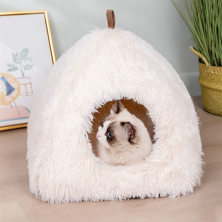 KTX-439571 Plush Triangle Cat Nest - Fashionable and Compressible Cat Bed in White