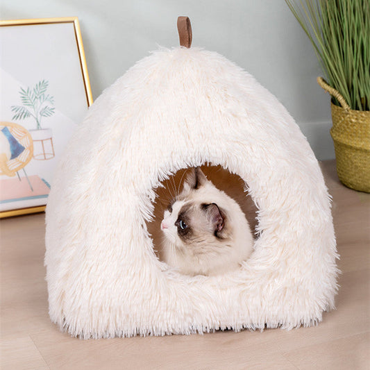 KTX-439571 Plush Triangle Cat Nest - Fashionable and Compressible Cat Bed in White