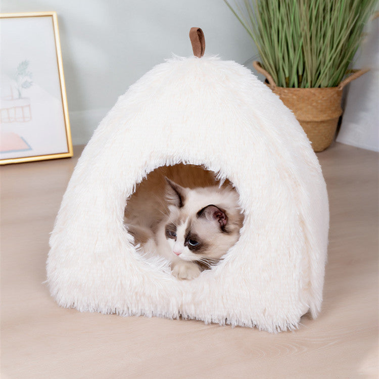 KTX-439571 Plush Triangle Cat Nest - Fashionable and Compressible Cat Bed in White