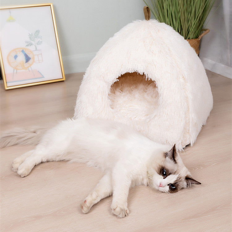KTX-439571 Plush Triangle Cat Nest - Fashionable and Compressible Cat Bed in White