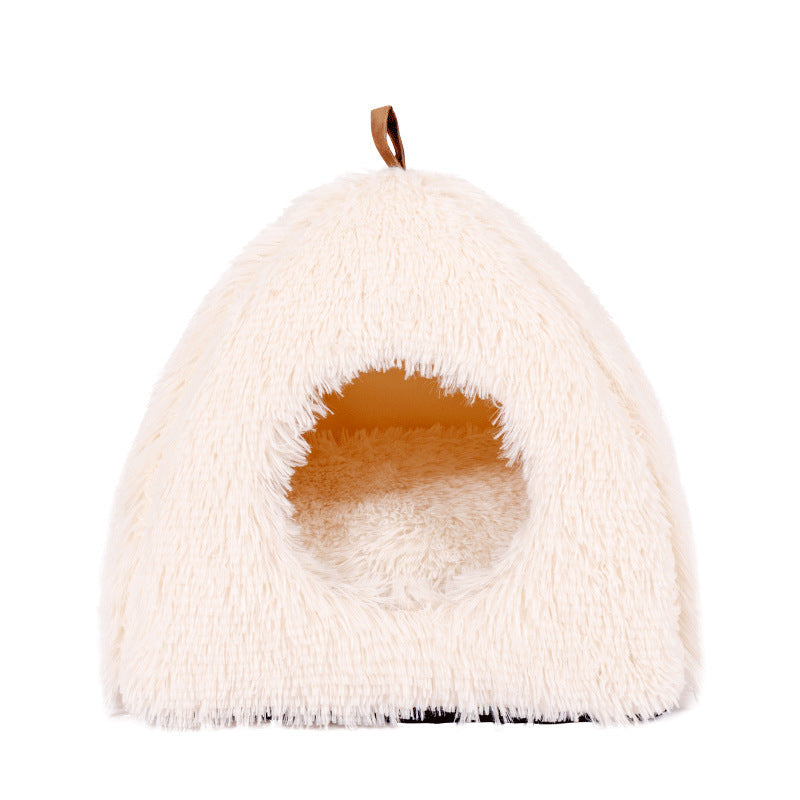 KTX-439571 Plush Triangle Cat Nest - Fashionable and Compressible Cat Bed in White