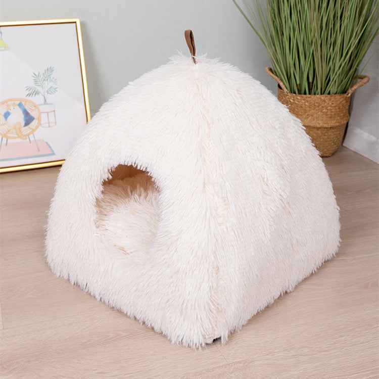 KTX-439571 Plush Triangle Cat Nest - Fashionable and Compressible Cat Bed in White