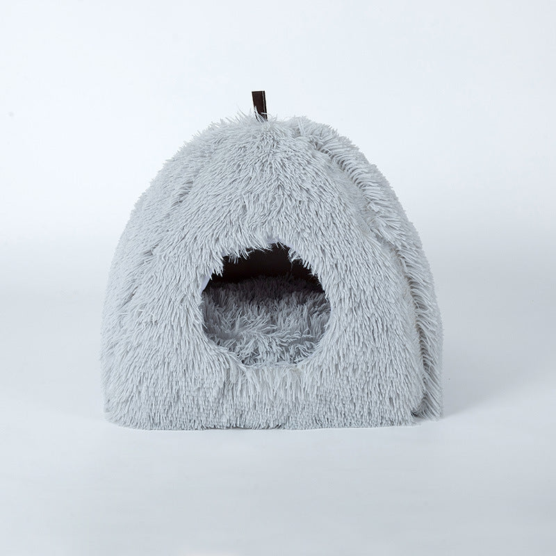 KTX-439571 Plush Triangle Cat Nest - Fashionable and Compressible Cat Bed in White