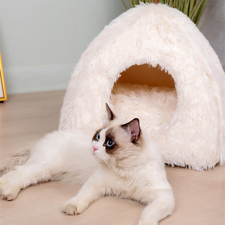 KTX-439571 Plush Triangle Cat Nest - Fashionable and Compressible Cat Bed in White