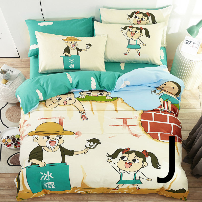 KTX-440275 Cute Cartoon Cotton Bedding Set for Kids - Quilt, Bed Sheet, and Pillow Covers Available in Various Sizes