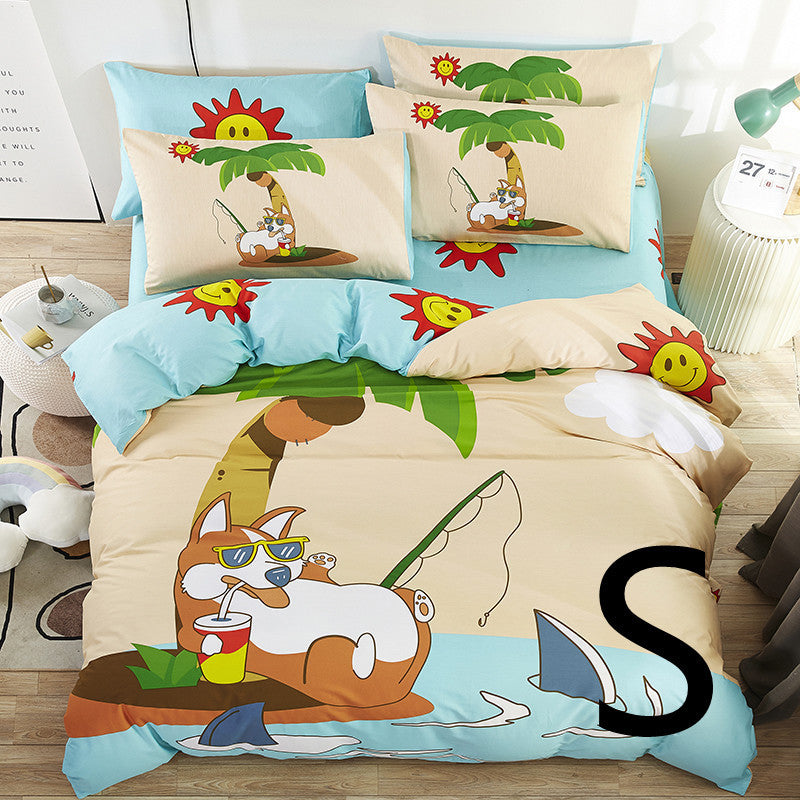 KTX-440275 Cute Cartoon Cotton Bedding Set for Kids - Quilt, Bed Sheet, and Pillow Covers Available in Various Sizes