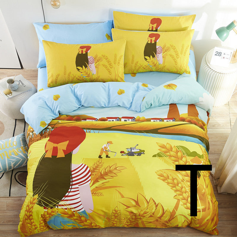 KTX-440275 Cute Cartoon Cotton Bedding Set for Kids - Quilt, Bed Sheet, and Pillow Covers Available in Various Sizes