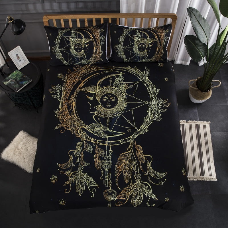 KTX-440915 Cross-border Gold Sticker Series Three-Piece Bed Set - Polyester, Reactive Print, Available in Black Gold