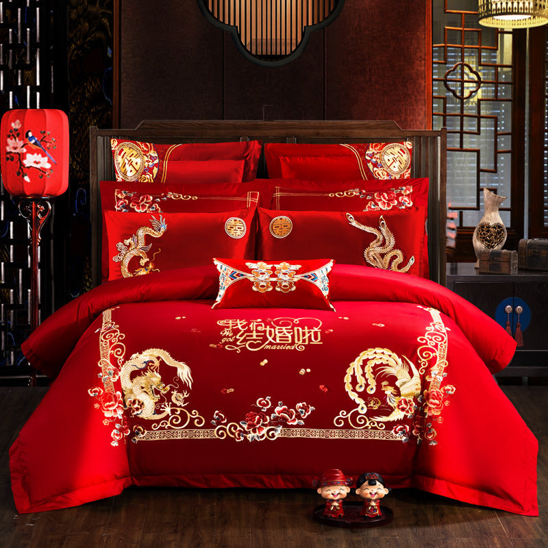 KTX-442515 Embroidered Cotton Bedding Set - Happy Wedding Series, 4 Pieces, 1.8m Bed Size, Floral Design