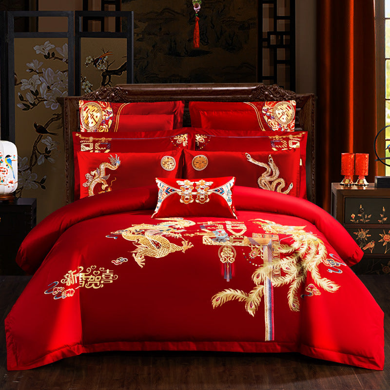 KTX-442515 Embroidered Cotton Bedding Set - Happy Wedding Series, 4 Pieces, 1.8m Bed Size, Floral Design