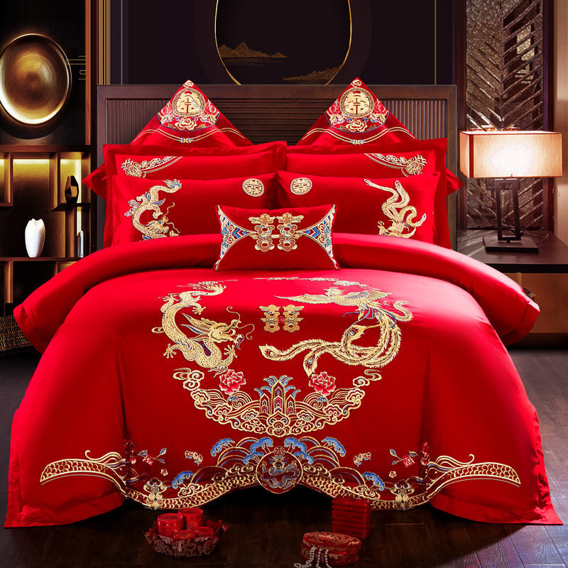 KTX-442515 Embroidered Cotton Bedding Set - Happy Wedding Series, 4 Pieces, 1.8m Bed Size, Floral Design