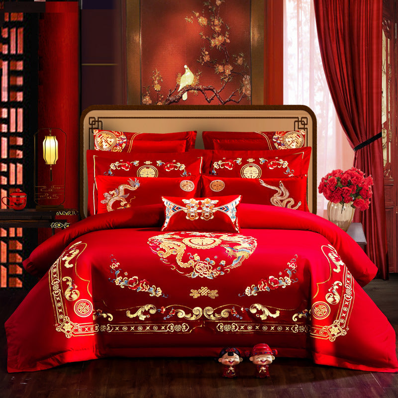 KTX-442515 Embroidered Cotton Bedding Set - Happy Wedding Series, 4 Pieces, 1.8m Bed Size, Floral Design