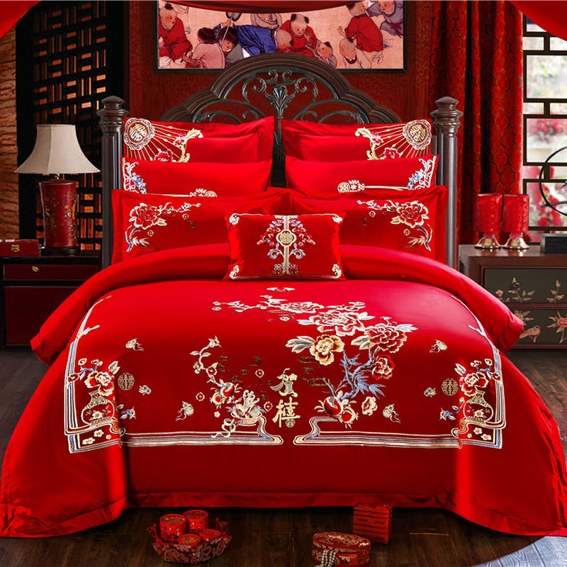 KTX-442515 Embroidered Cotton Bedding Set - Happy Wedding Series, 4 Pieces, 1.8m Bed Size, Floral Design