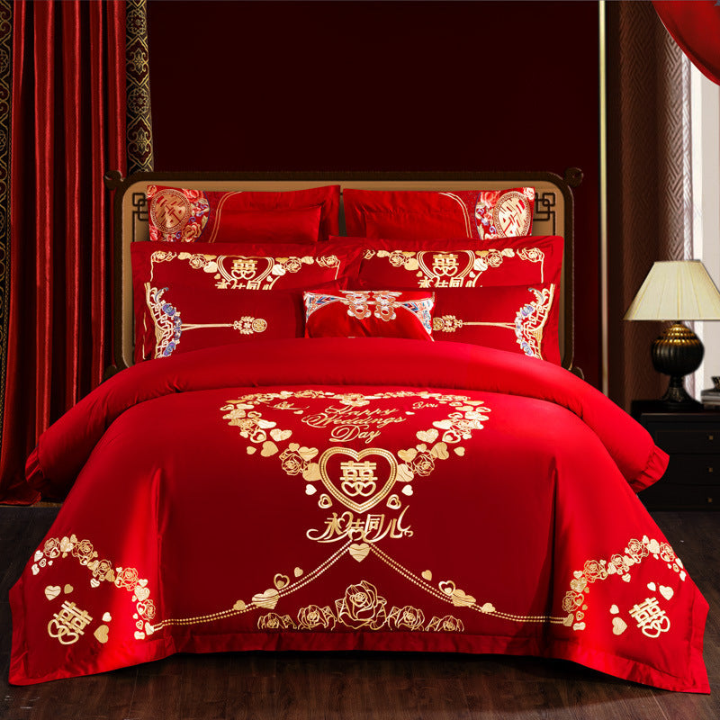 KTX-442515 Embroidered Cotton Bedding Set - Happy Wedding Series, 4 Pieces, 1.8m Bed Size, Floral Design