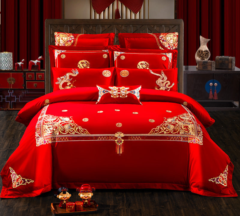 KTX-442515 Embroidered Cotton Bedding Set - Happy Wedding Series, 4 Pieces, 1.8m Bed Size, Floral Design