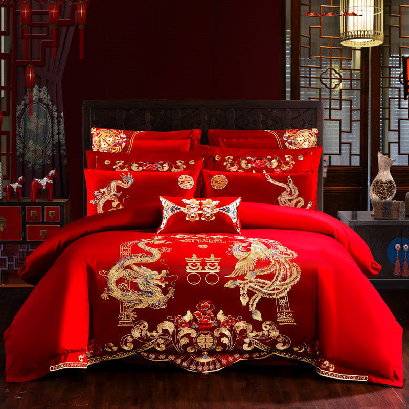 KTX-442515 Embroidered Cotton Bedding Set - Happy Wedding Series, 4 Pieces, 1.8m Bed Size, Floral Design