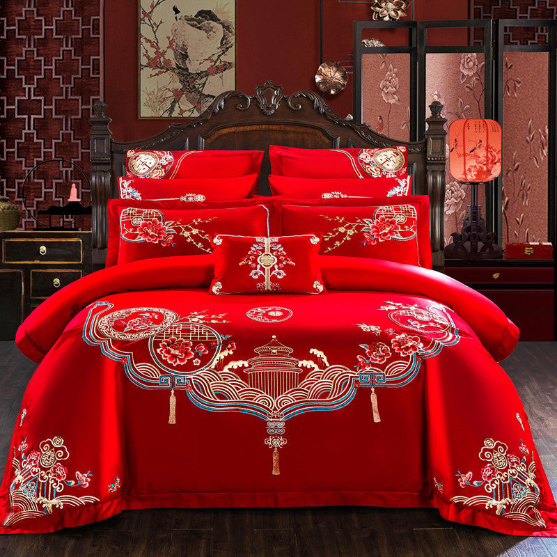 KTX-442515 Embroidered Cotton Bedding Set - Happy Wedding Series, 4 Pieces, 1.8m Bed Size, Floral Design