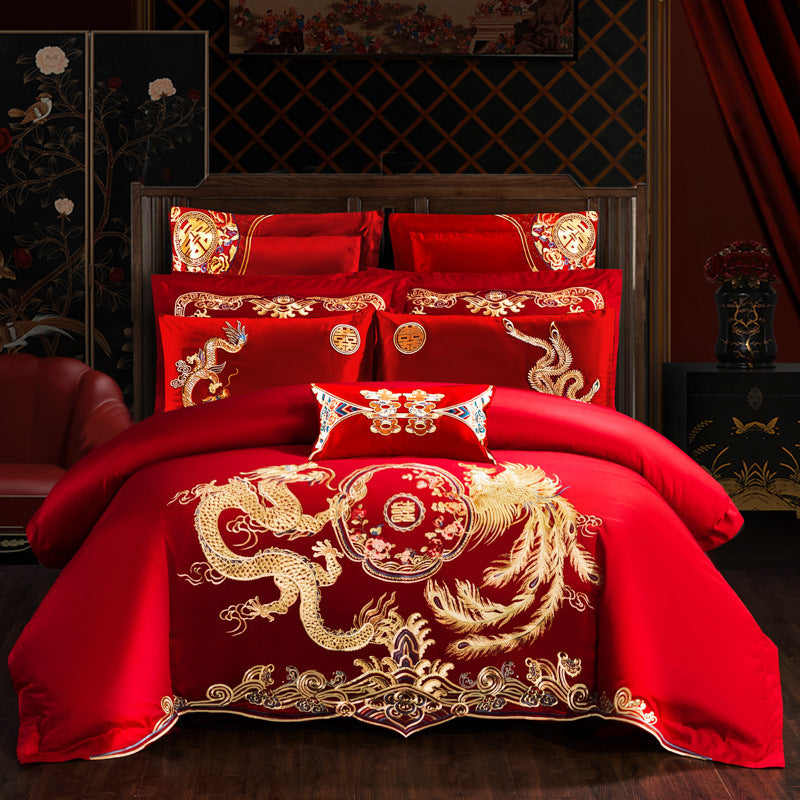 KTX-442515 Embroidered Cotton Bedding Set - Happy Wedding Series, 4 Pieces, 1.8m Bed Size, Floral Design