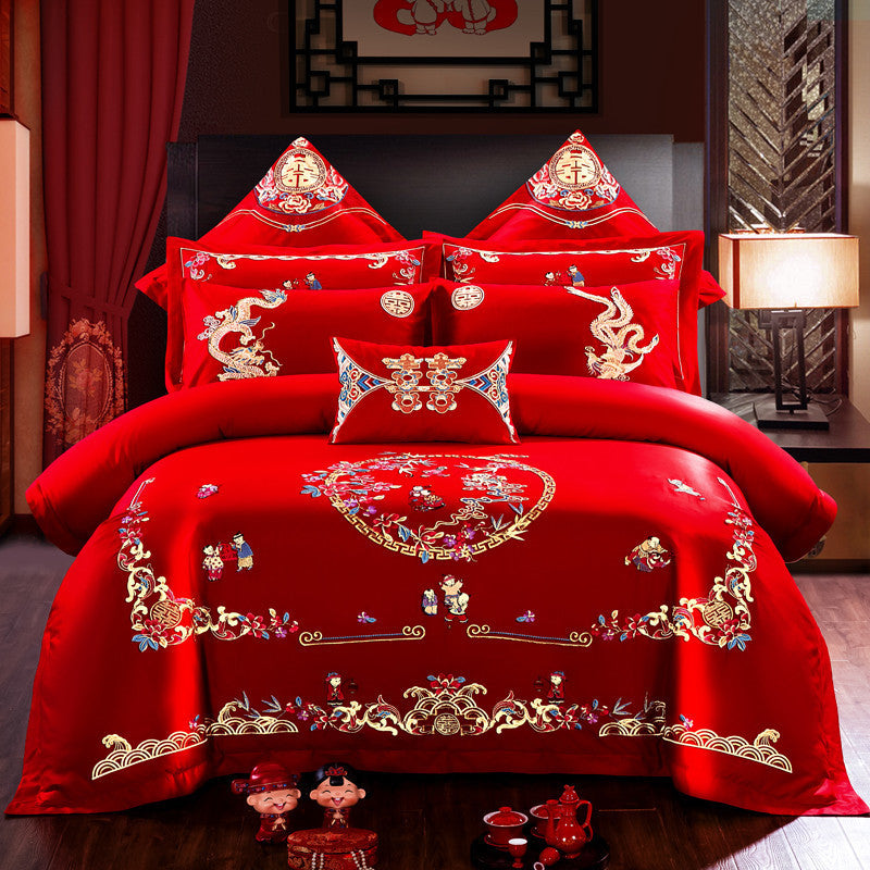 KTX-442515 Embroidered Cotton Bedding Set - Happy Wedding Series, 4 Pieces, 1.8m Bed Size, Floral Design