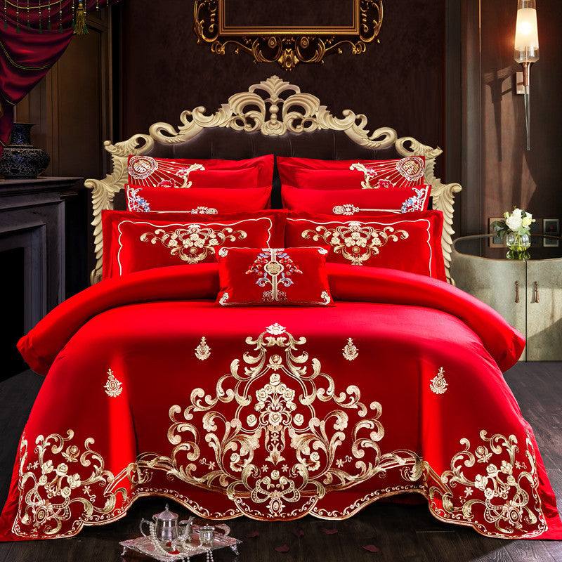 KTX-442515 Embroidered Cotton Bedding Set - Happy Wedding Series, 4 Pieces, 1.8m Bed Size, Floral Design