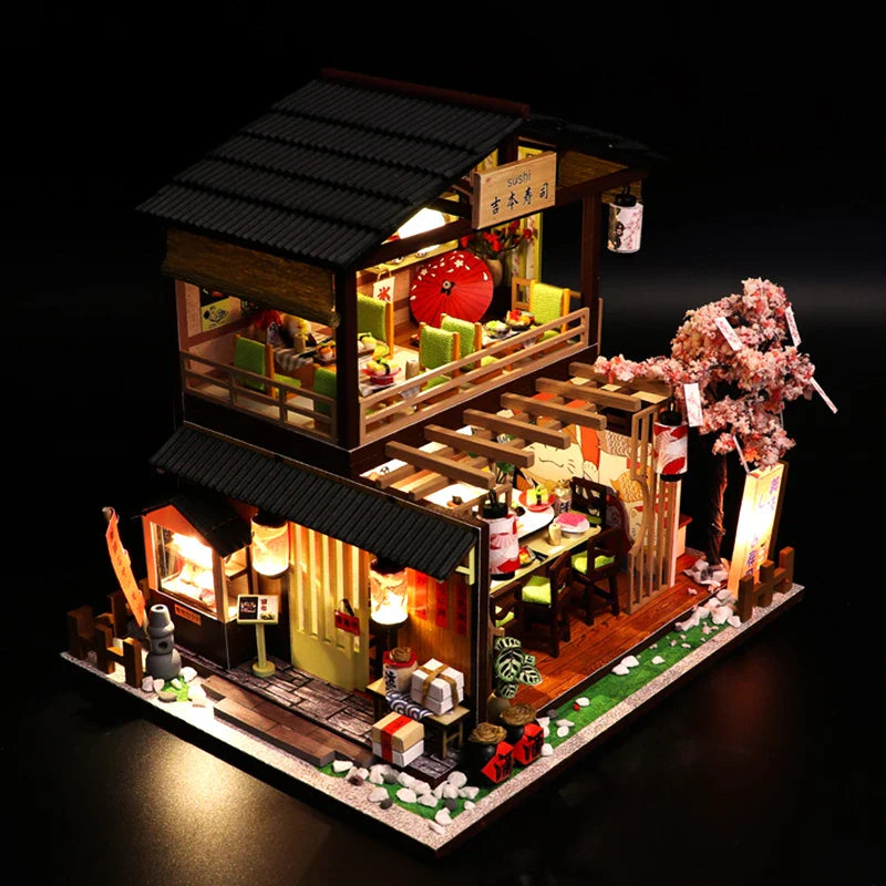 KTX-448595 DIY Miniature Sushi Restaurant Dollhouse Furniture Model Kit for Children Ages 6 and Up