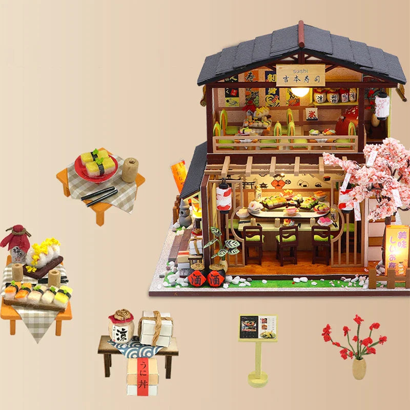 KTX-448595 DIY Miniature Sushi Restaurant Dollhouse Furniture Model Kit for Children Ages 6 and Up