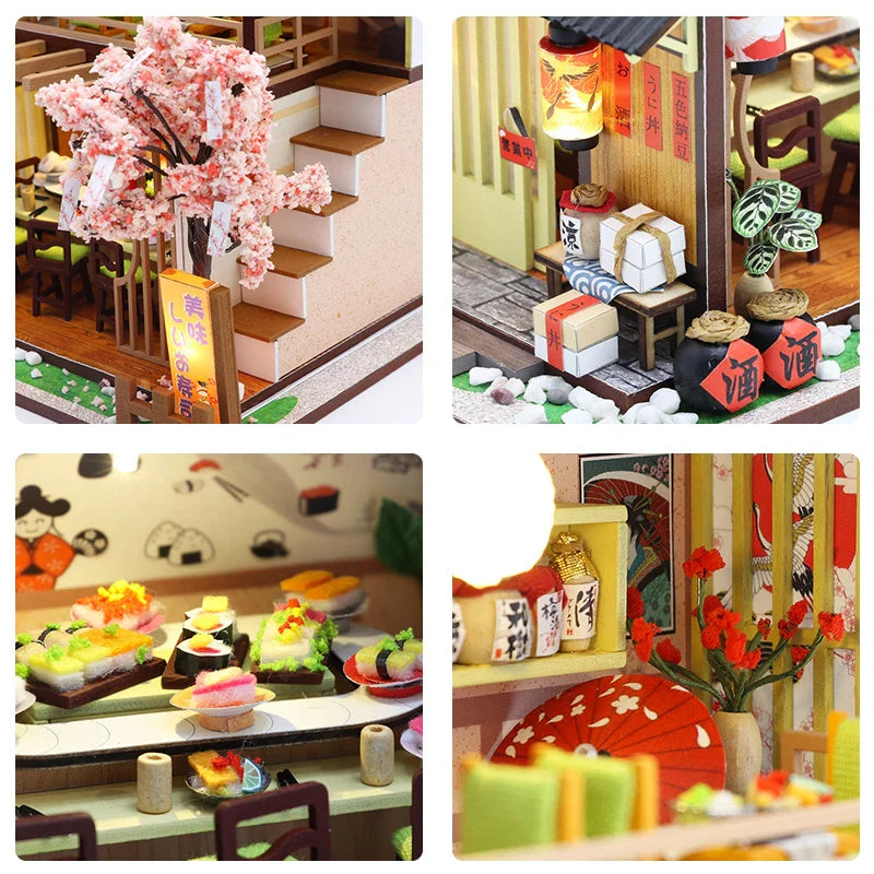 KTX-448595 DIY Miniature Sushi Restaurant Dollhouse Furniture Model Kit for Children Ages 6 and Up