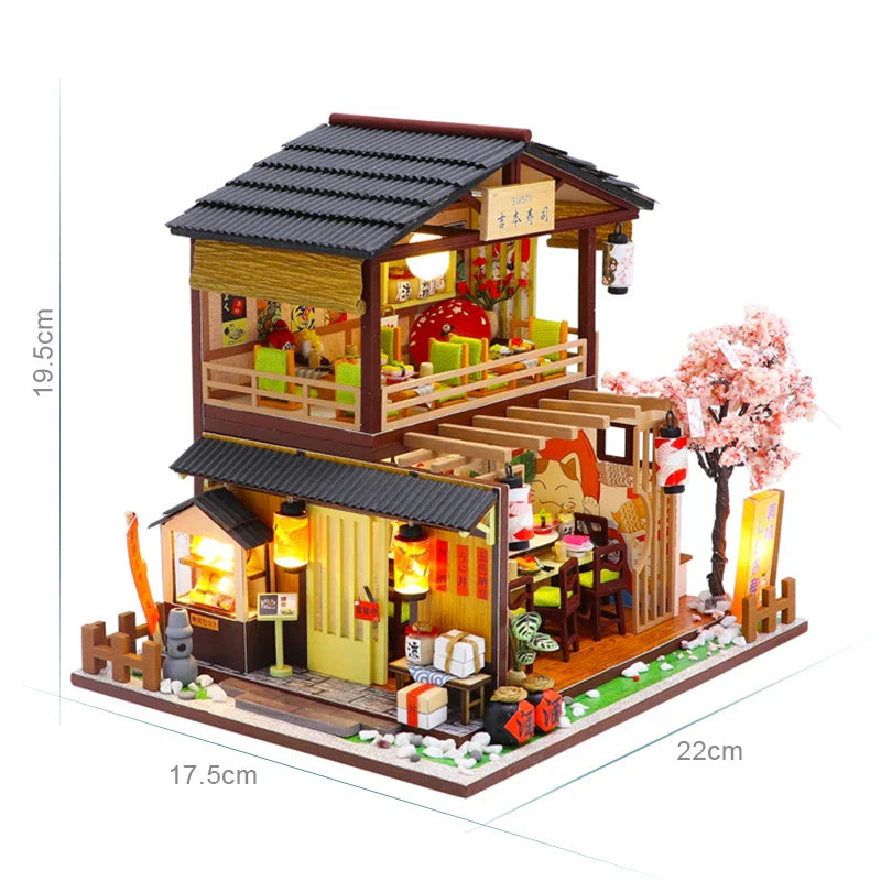 KTX-448595 DIY Miniature Sushi Restaurant Dollhouse Furniture Model Kit for Children Ages 6 and Up