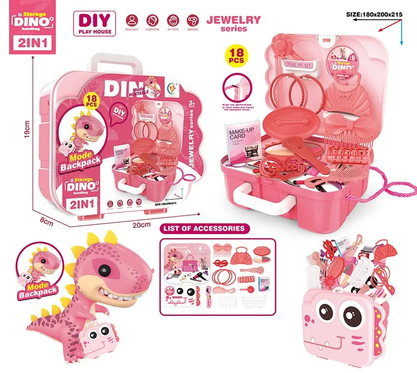 KTX-449171 Dinosaur Backpack Pretend Play Makeup and Dressing Kit for Kids Ages 2-13