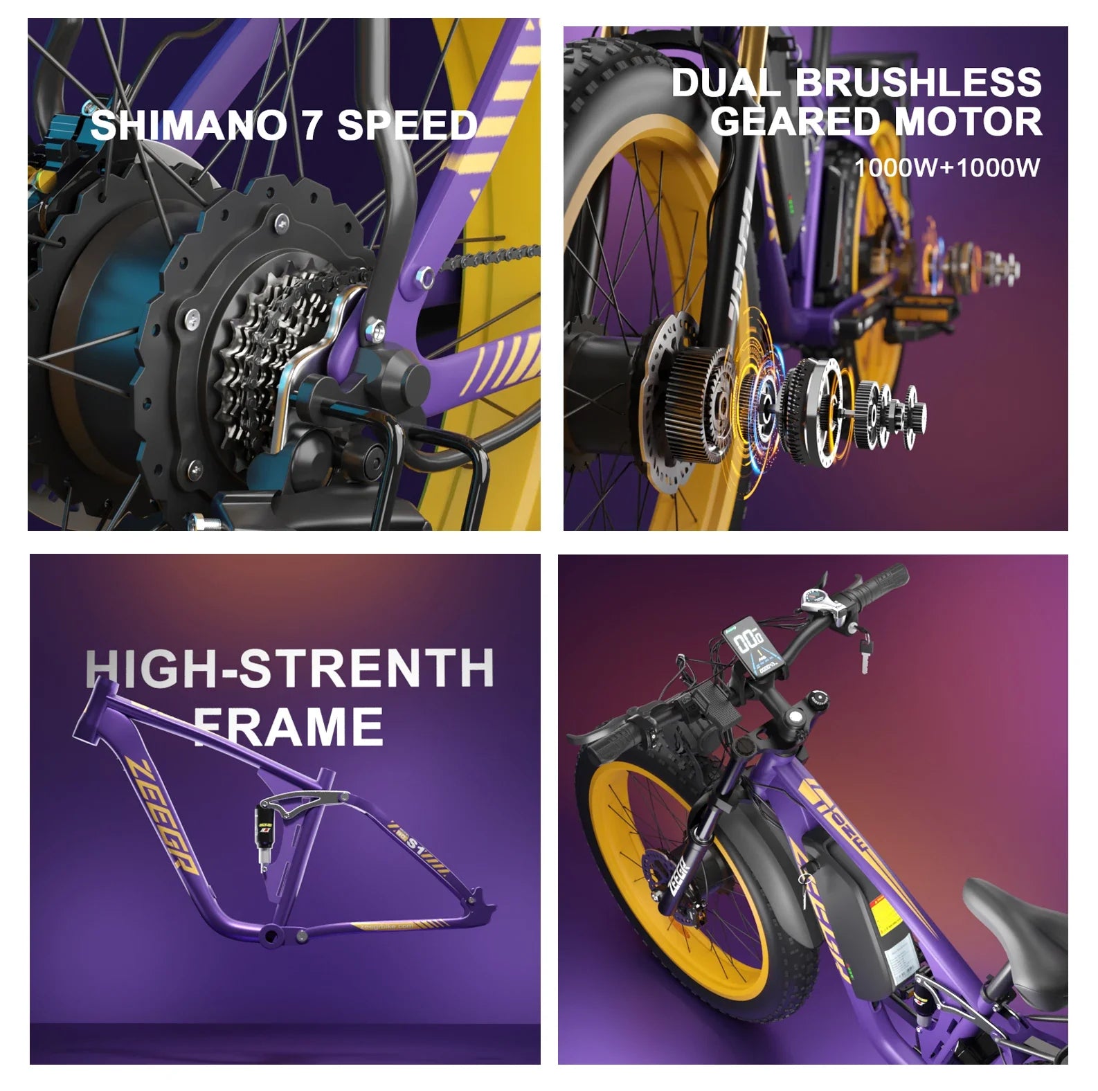 KTX-450195 Electric Mountain Bike with 2000W Motor, 48V 22.4Ah Battery, 7-Speed Gears, Hydraulic Disc Brakes, 26" Fat Tires