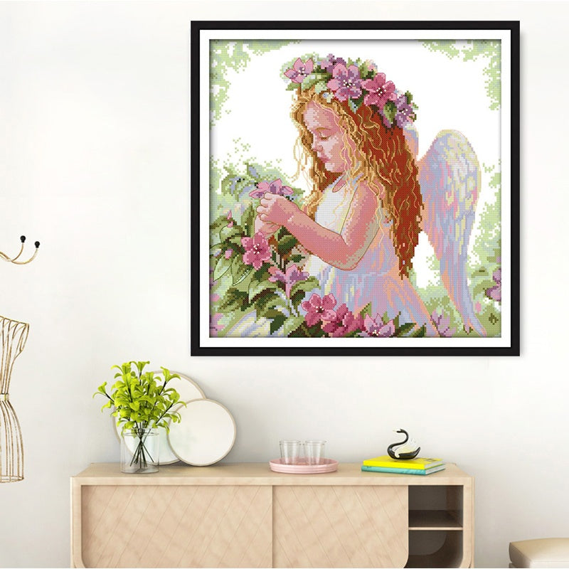KTX-450323 Cute Angel Cross Stitch Embroidery Kit with High-Quality Cotton Thread and Needle, 45x45 cm Canvas