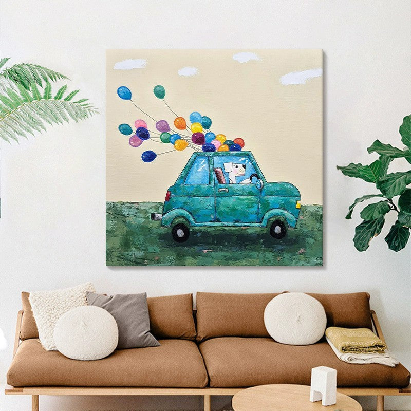 KTX-450579 Cute Cartoon Dog with Balloon Handmade Oil Painting Canvas Wall Art for Children's Room Decor