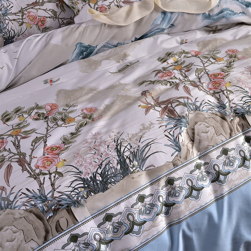 KTX-450963 Elegant Cotton Satin Plant Print Duvet Cover Set with Pillowcases - Available for Various Bed Sizes