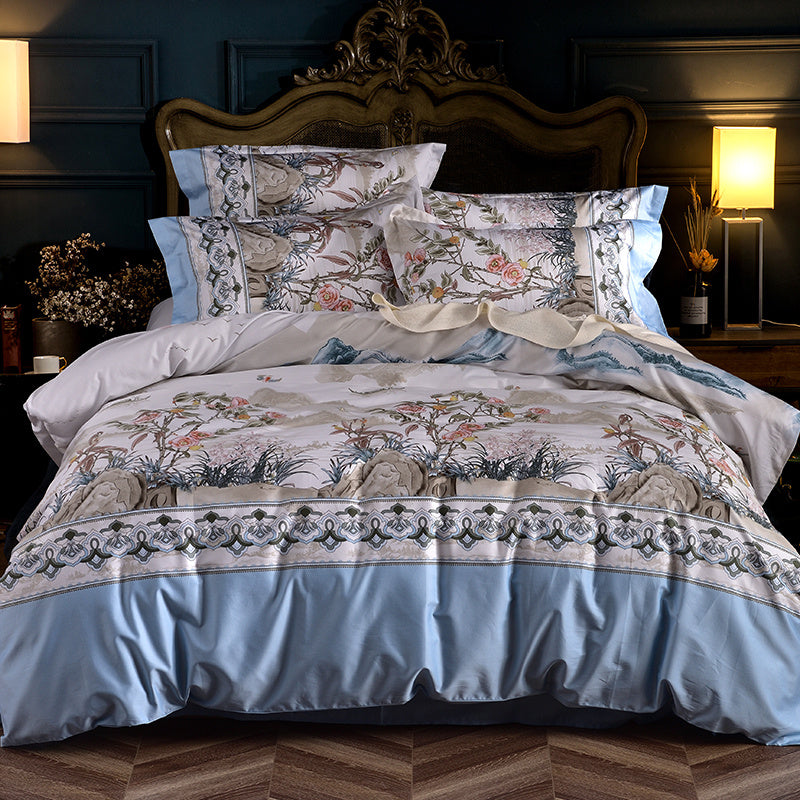 KTX-450963 Elegant Cotton Satin Plant Print Duvet Cover Set with Pillowcases - Available for Various Bed Sizes