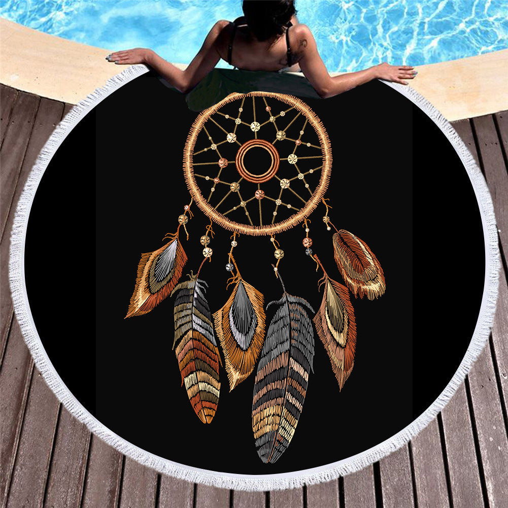 KTX-451219 Microfiber Round Beach Towel with Fringed Edge and Eco-Friendly Printing, 150cm