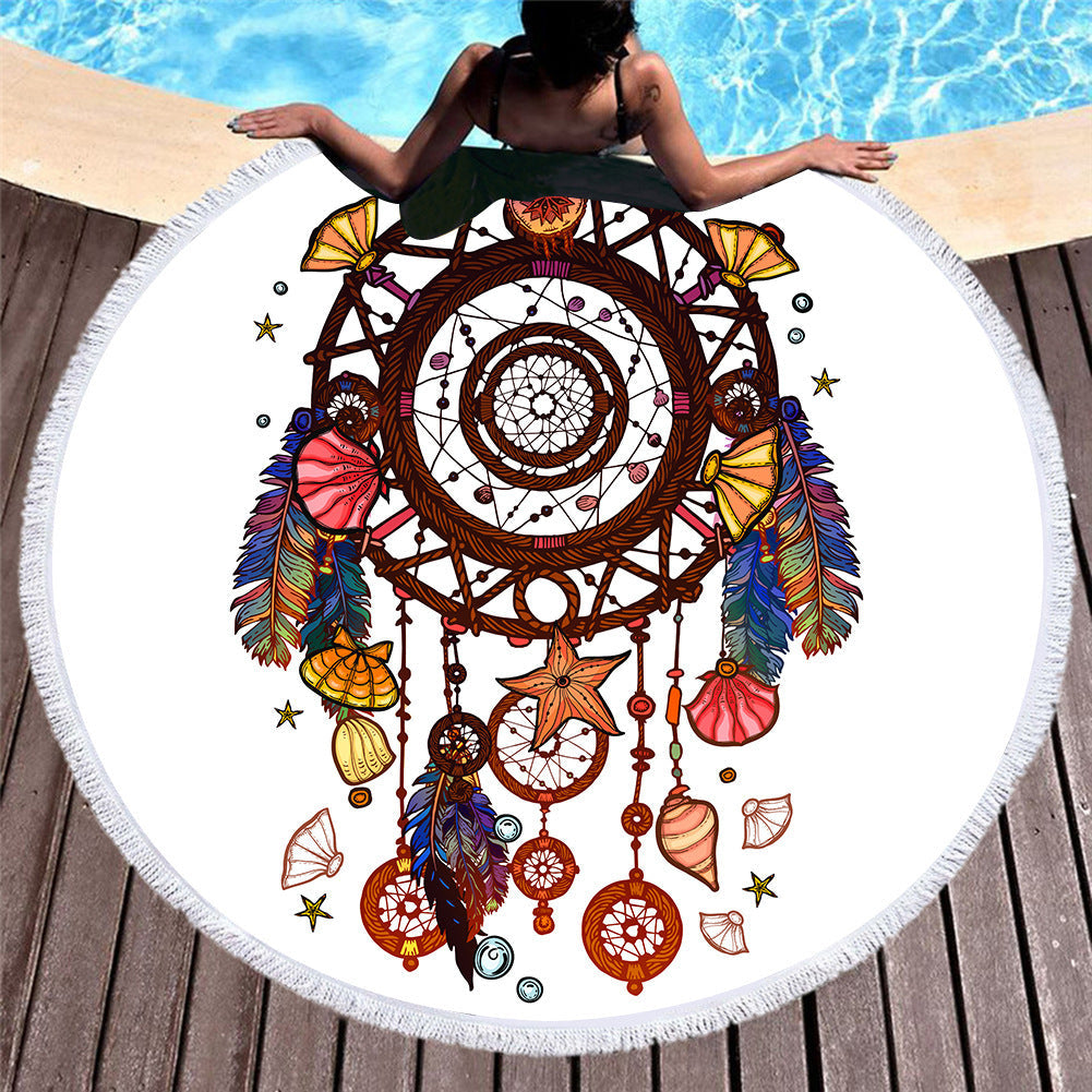 KTX-451219 Microfiber Round Beach Towel with Fringed Edge and Eco-Friendly Printing, 150cm