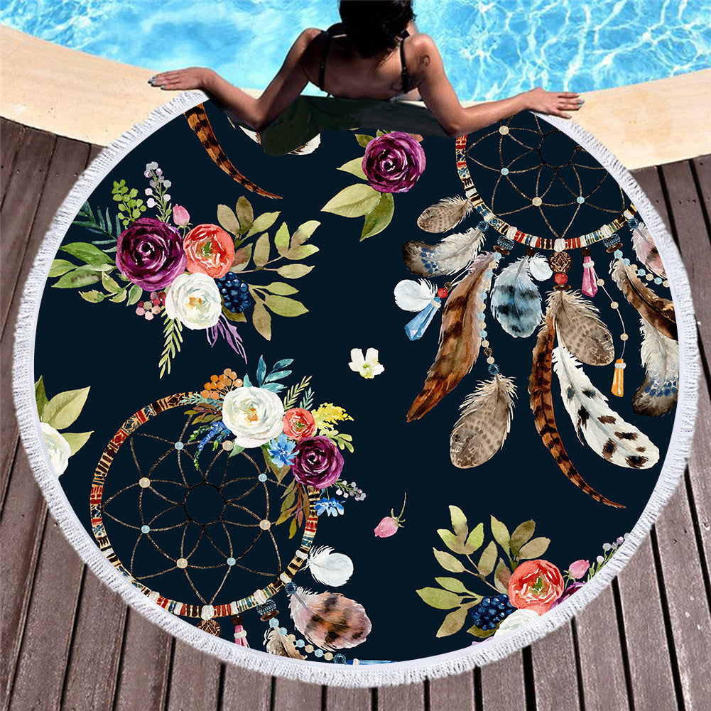 KTX-451219 Microfiber Round Beach Towel with Fringed Edge and Eco-Friendly Printing, 150cm