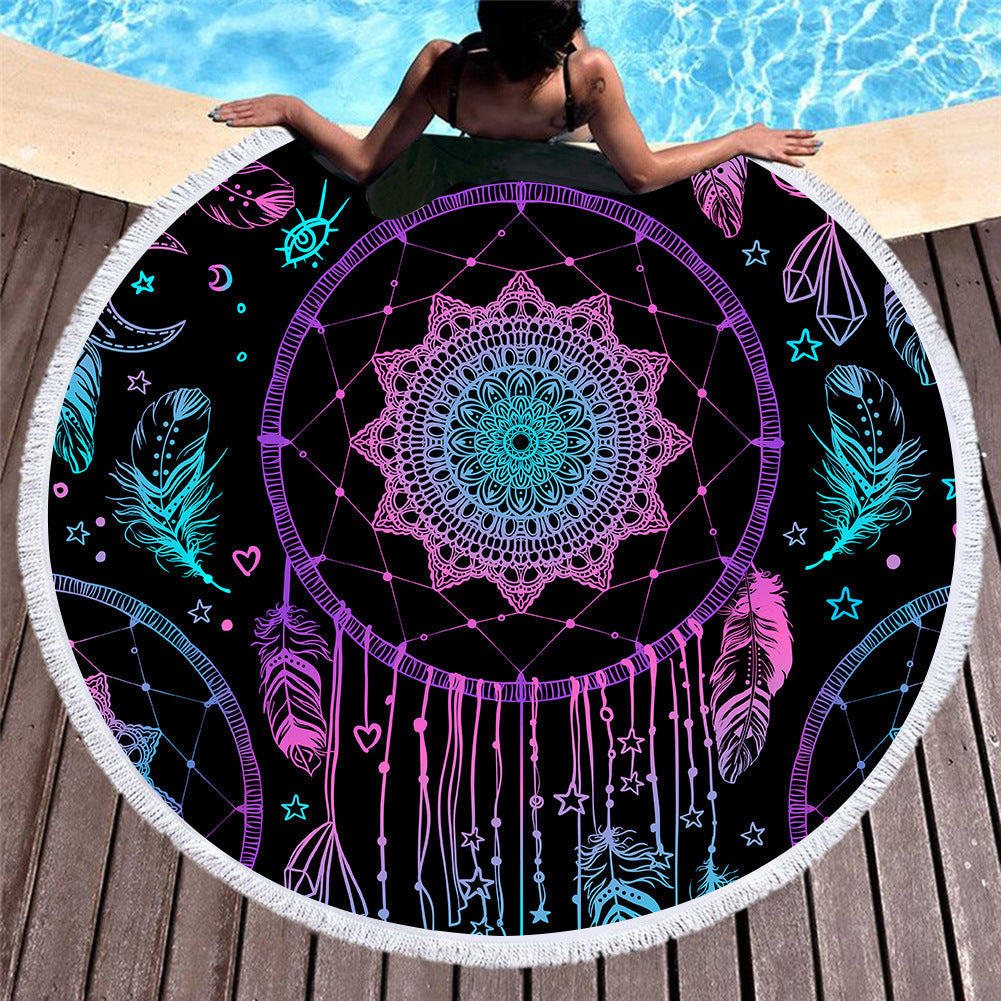 KTX-451219 Microfiber Round Beach Towel with Fringed Edge and Eco-Friendly Printing, 150cm