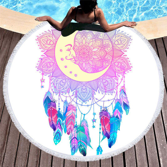 KTX-451219 Microfiber Round Beach Towel with Fringed Edge and Eco-Friendly Printing, 150cm
