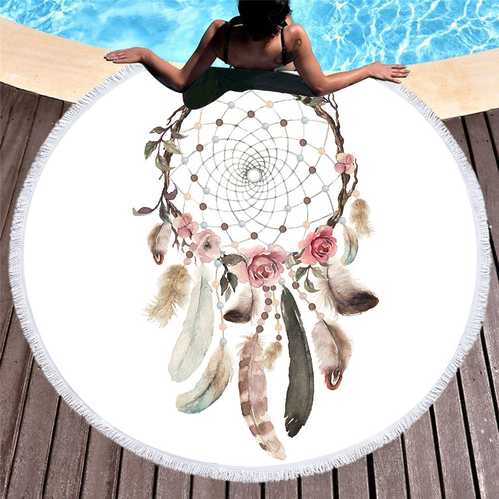 KTX-451219 Microfiber Round Beach Towel with Fringed Edge and Eco-Friendly Printing, 150cm